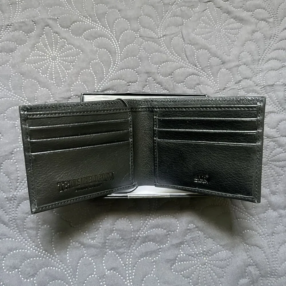 True Religion Genuine Leather Black Bifold Logo Wallet Card Holder RFID NWT Gift